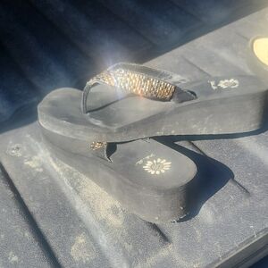 Yellow Box Black Sandals with Gold Accents